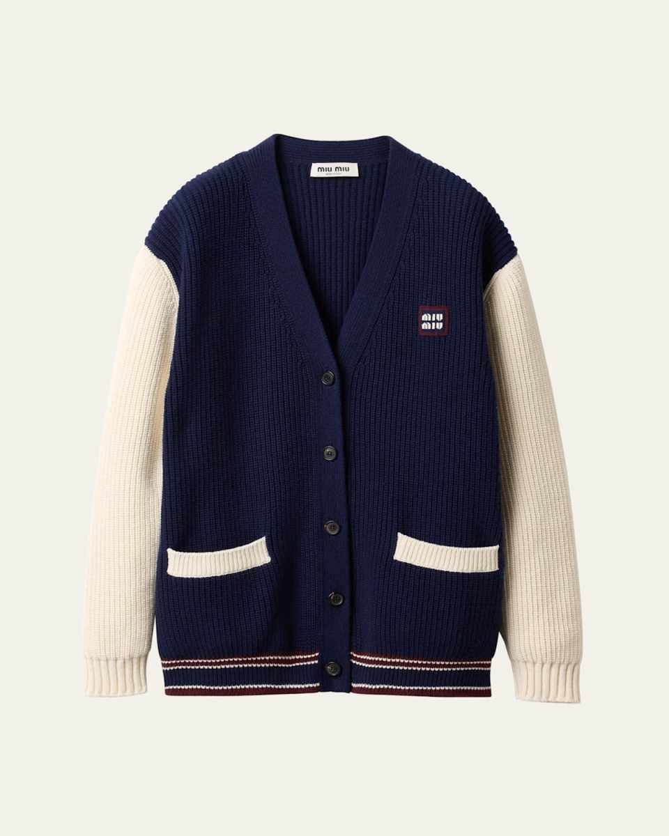 Colorblock V-Neck Oversized Ribbed Wool Cashmere Cardigan
